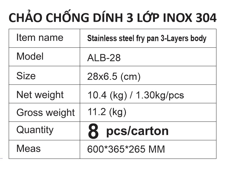 Chảo chống dính 3 lớp, inox 304 ALB series