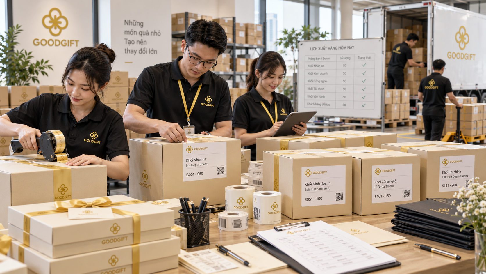 Đóng gói dán tem và bàn giao đơn quà tặng Good Gift