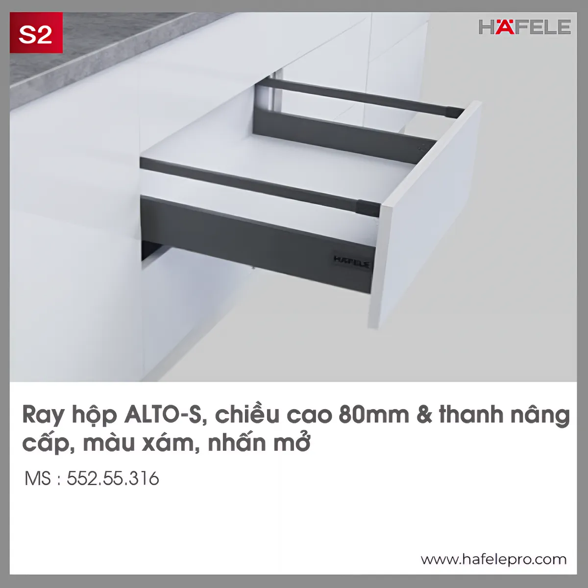 Ray Hộp Alto-S Nhấn Mở H80mm Hafele 552.55.316