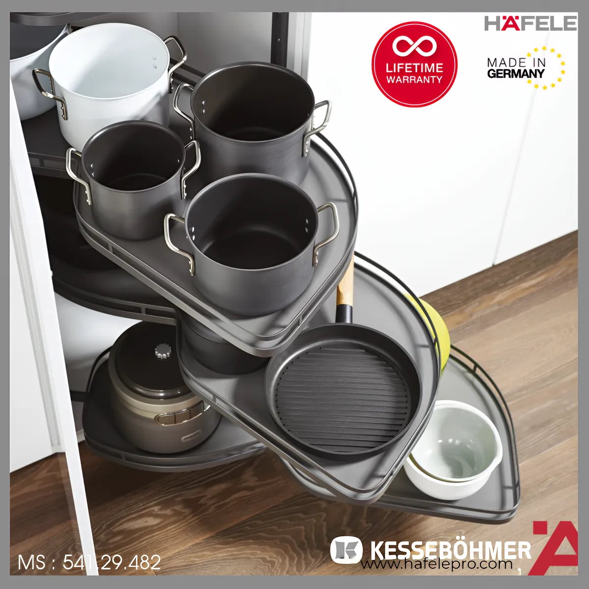 Rổ Góc LeMans II 4 Khay Màu Đen Xoay Phải Hafele 541.29.482