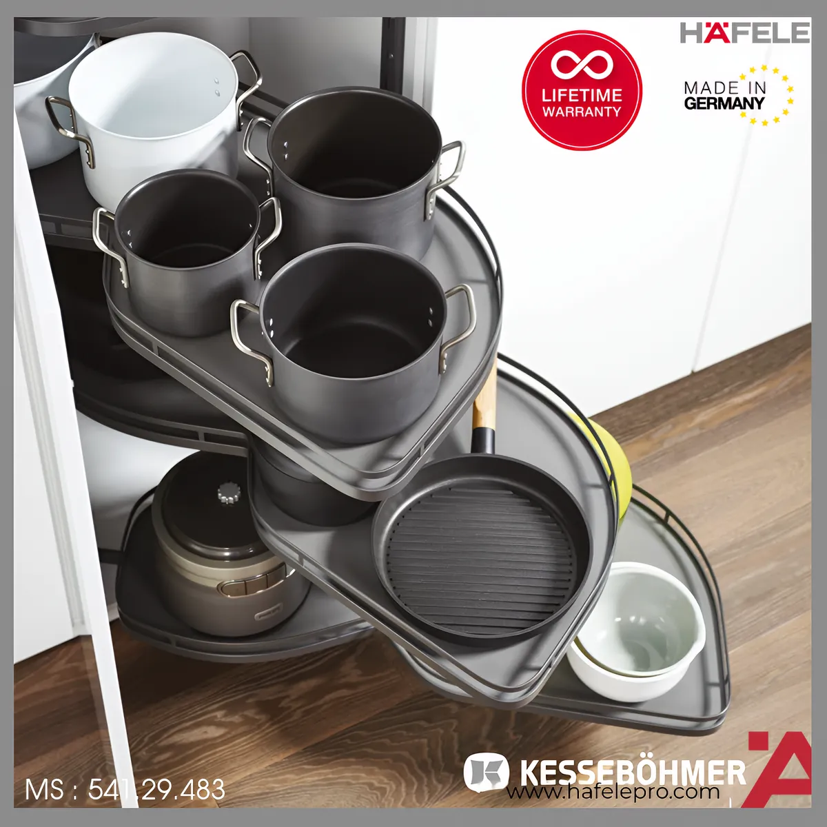 Rổ Góc LeMans II 4 Khay Màu Đen Xoay Trái Hafele 541.29.483