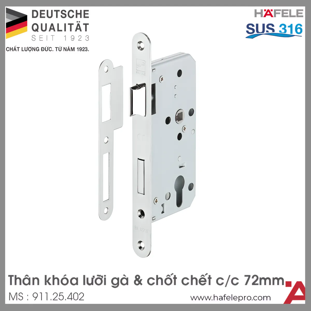 Thân Khóa Lưỡi Gà Chốt Chết C/C 72mm Hafele 911.25.402