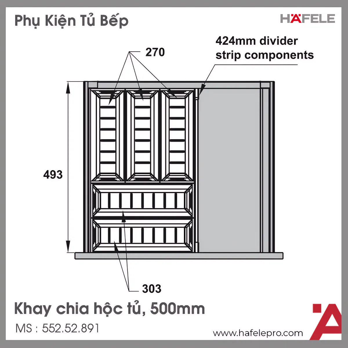 Khay Chia Ngăn Kéo 500mm Bằng Inox Hafele 552.52.891