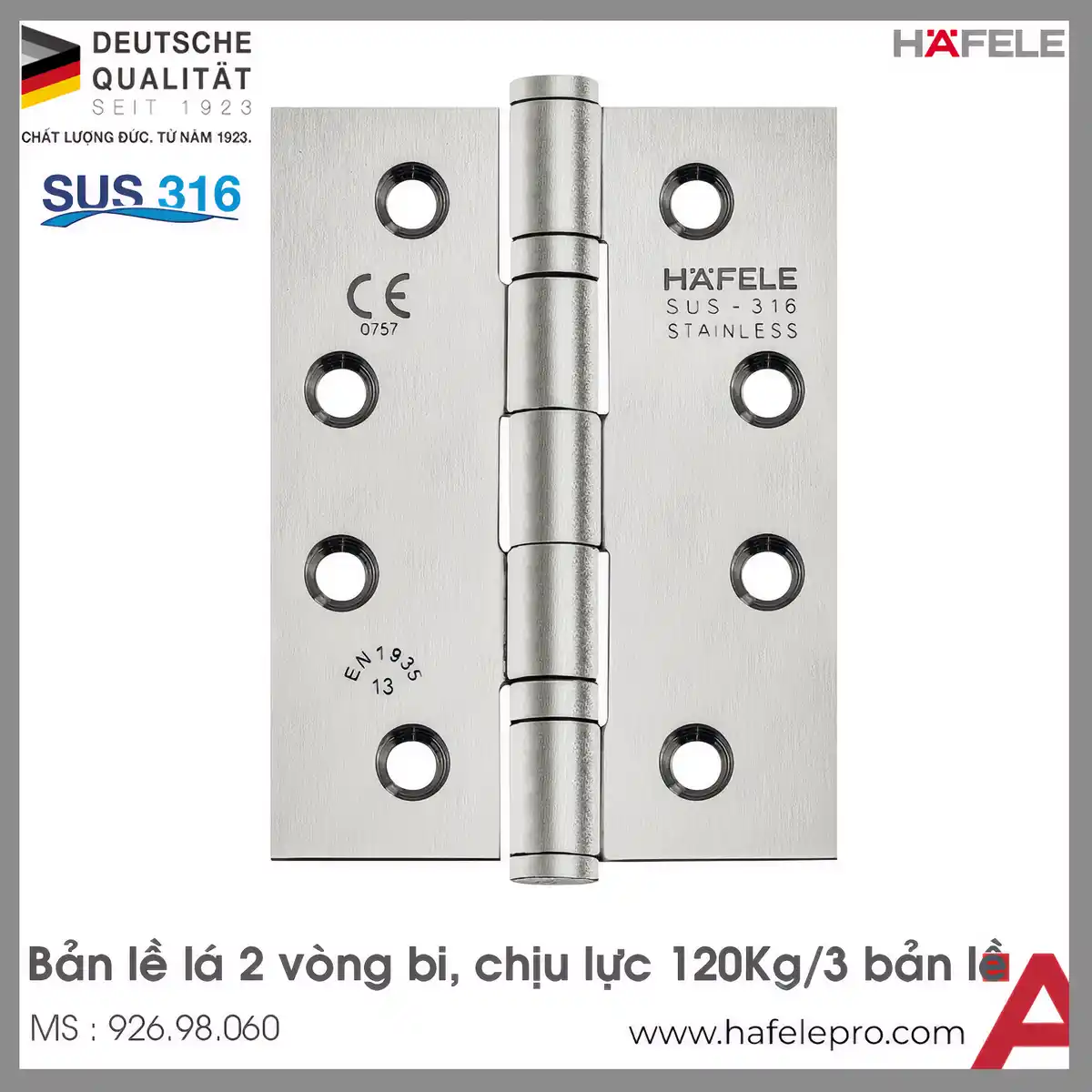 Bản Lề Lá 2 Vòng Bi 120Kg Chống Cháy Hafele 926.98.060