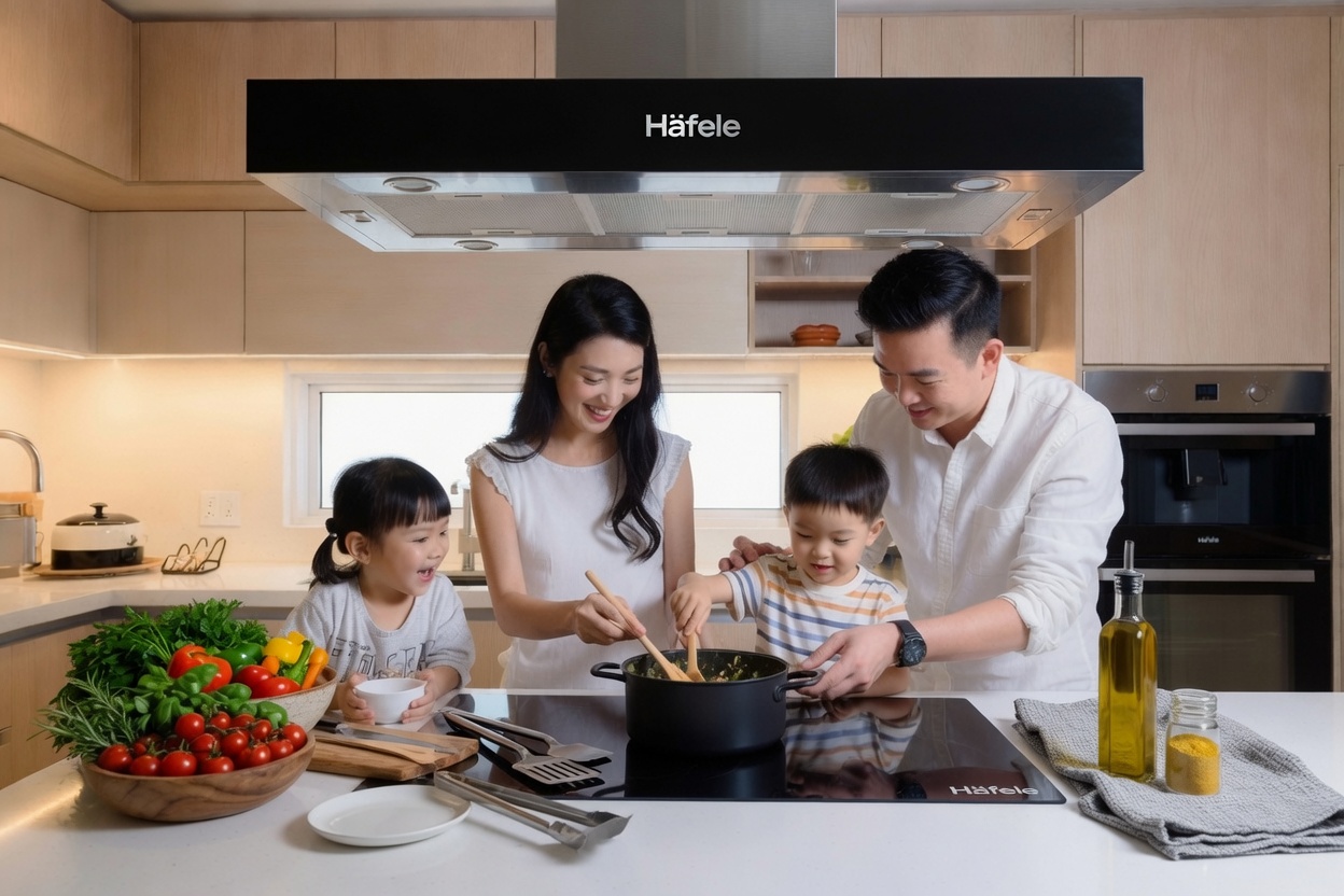 Gợi ý hình ảnh 9: Gia đình quây quần trong không gian bếp sử dụng thiết bị Hafele.