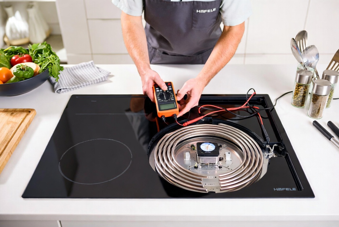 Kỹ thuật viên kiểm tra cảm biến nhiệt bếp từ.