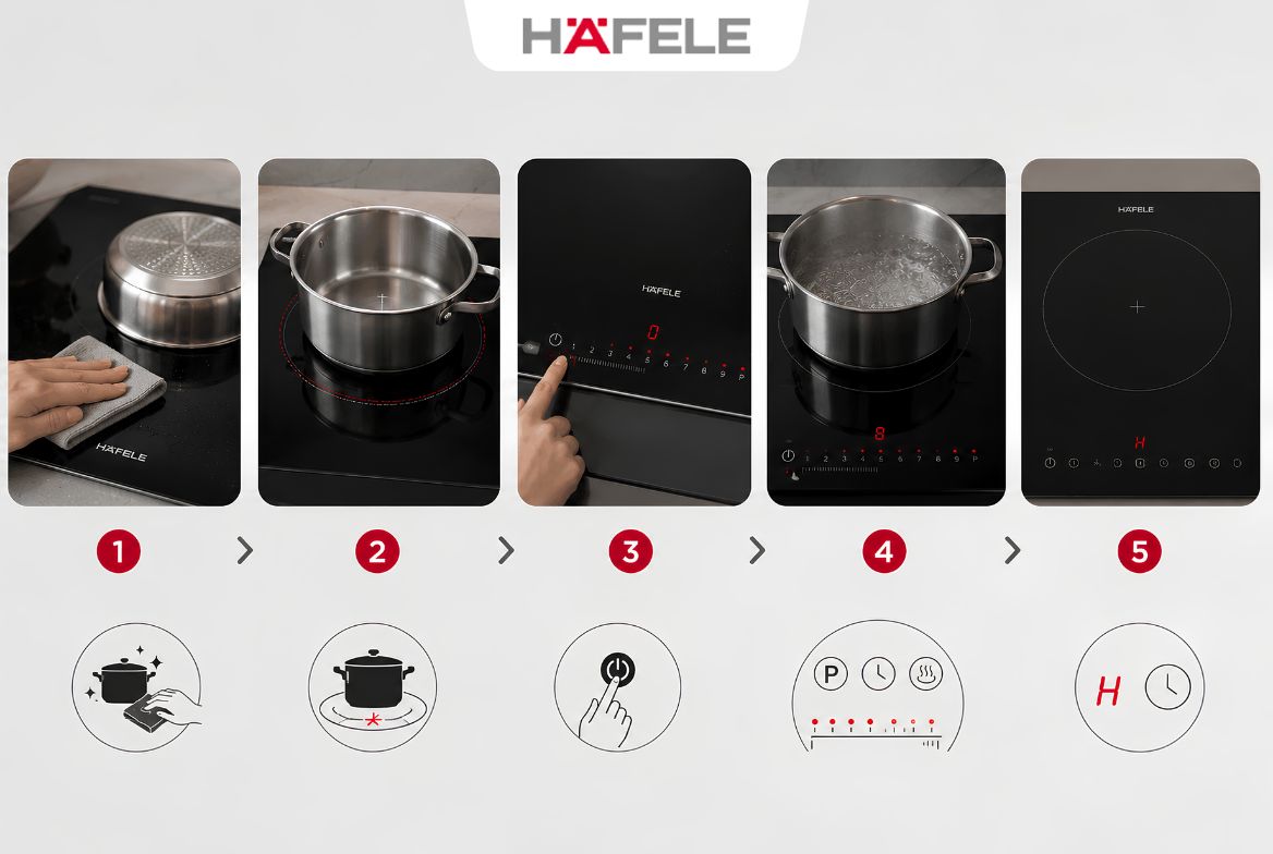 Hướng Dẫn Sử Dụng Bếp Từ Hafele Từ A-Z: An Toàn Và Bền Bỉ - HafelePro Quy trình vận hành bếp đúng cách giúp tiết kiệm điện