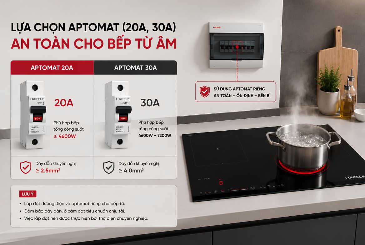 Bếp Từ Âm Tủ Có Cần Lắp Điện Riêng Hay Không? Hướng Dẫn Từ Kỹ Thuật Viên - HafelePro Lựa chọn Aptomat (20A, 30A) an toàn cho bếp từ âm