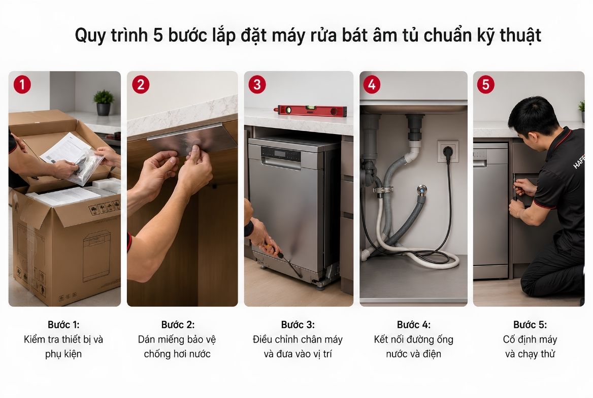 Hướng dẫn lắp đặt máy rửa bát âm tủ Hafele từ A-Z - HafelePro Quy trình 5 bước lắp đặt máy rửa bát âm tủ chuẩn kỹ thuật