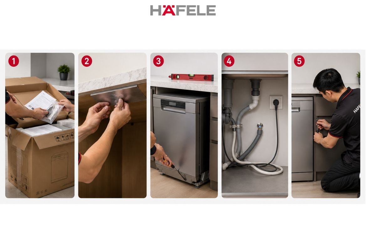 Hướng dẫn lắp đặt máy rửa bát âm tủ Hafele từ A-Z