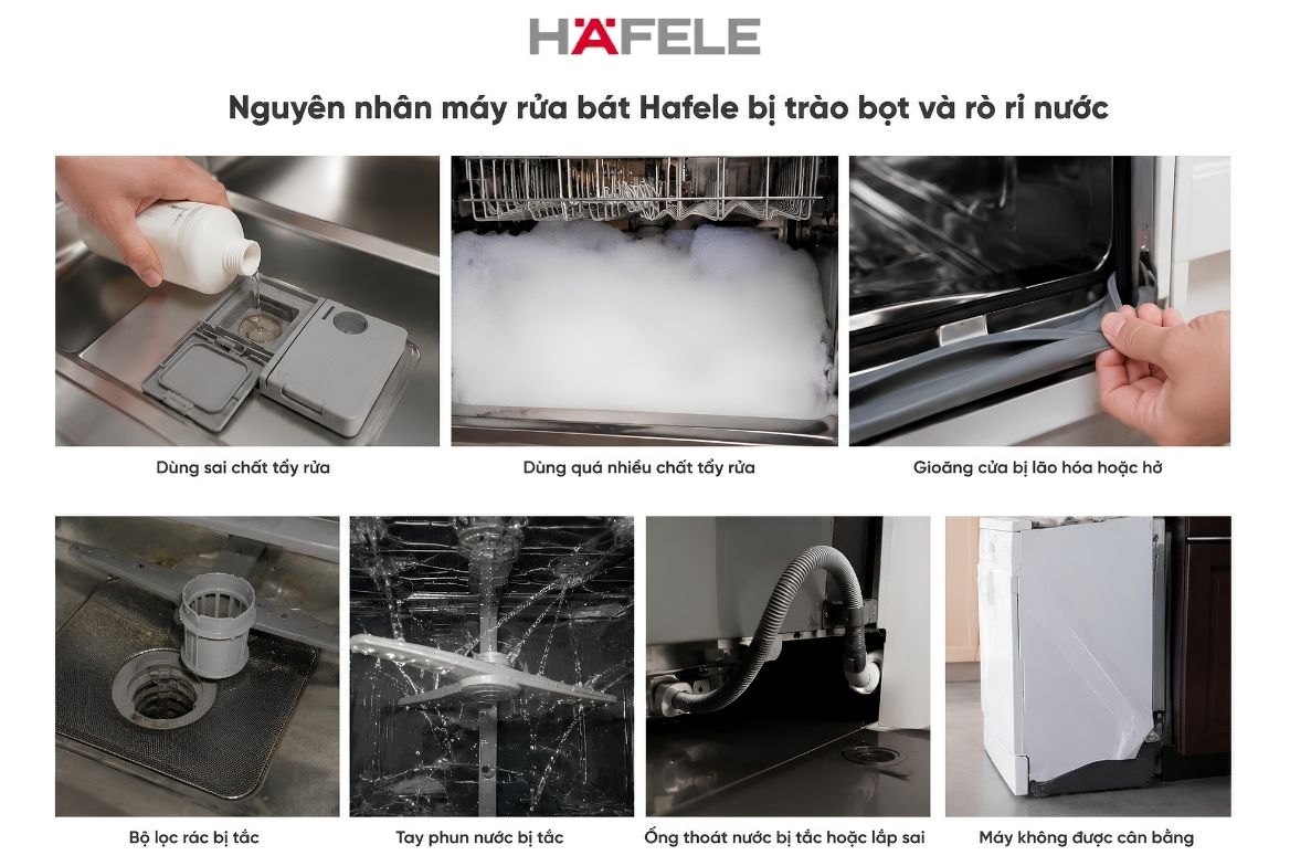 Nguyên nhân máy rửa bát Hafele bị trào bọt và rò rỉ nước