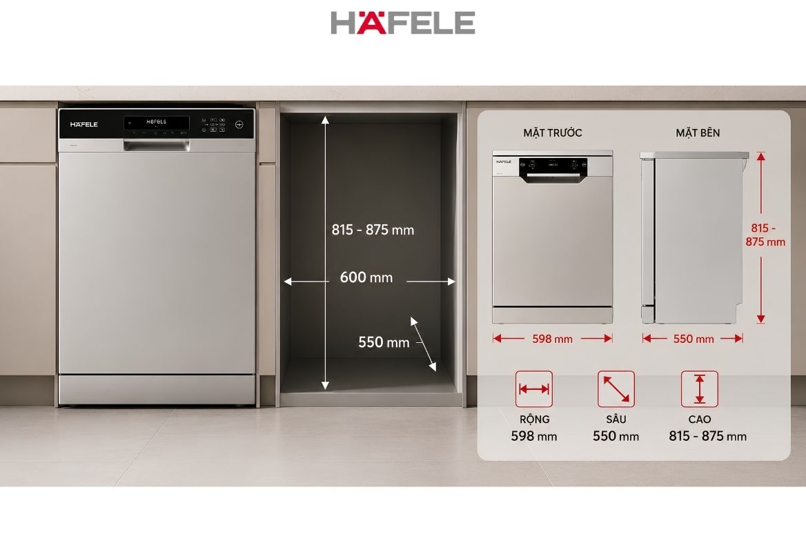Thông số kích thước máy rửa bát âm tủ Hafele (toàn phần và bán âm)