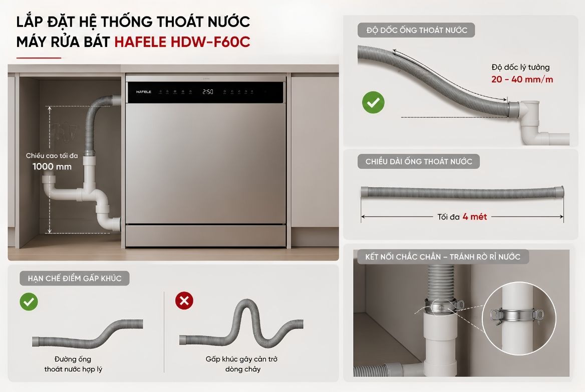 Lắp đặt hệ thống thoát nước đúng kỹ thuật cho máy rửa bát Hafele HDW-F60C