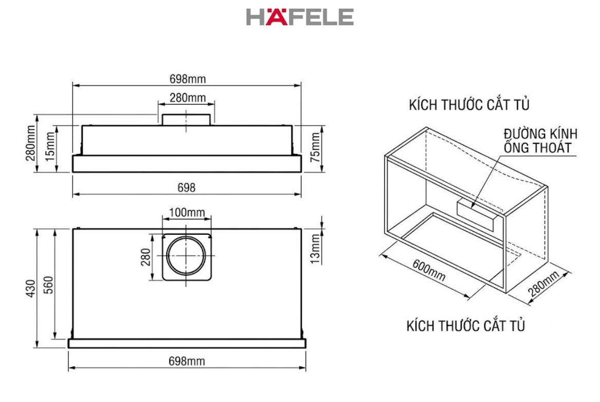 Đánh Giá Máy Hút Mùi Hafele HH S70A (533.89.031) Chính Hãng | Lực Hút Khỏe, Độ Ồn Thấp - HafelePro Bản vẽ kỹ thuật CAD thể hiện chi tiết kích thước cắt tủ
