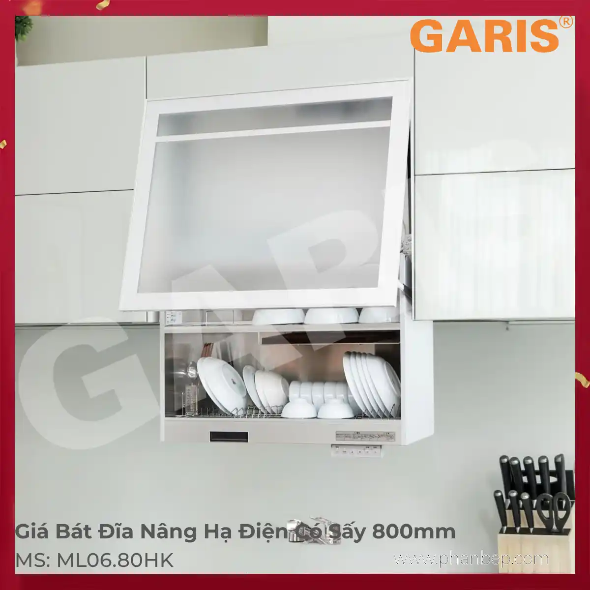 Giá Bát Đĩa Nâng Hạ Điện Có Sấy Khô 800mm Garis ML06.80HK