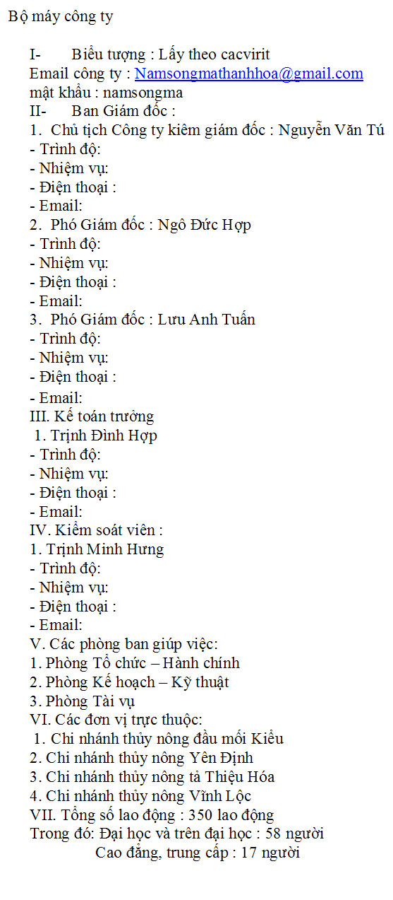 CÔNG TY TNHH MTV THUỶ LỢI NAM SÔNG MÃ THANH HOÁ